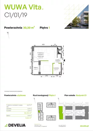 1 pokój, mieszkanie 30,30 m², piętro 1, oferta nr C1/01/19, WUWA Vita III, Wrocław, Żerniki, Fabryczna, ul. Maya