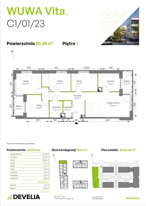 5 pokoi, mieszkanie 89,28 m², piętro 1, oferta nr C1/01/23, WUWA Vita III, Wrocław, Żerniki, Fabryczna, ul. Maya