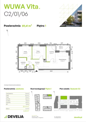 3 pokoje, mieszkanie 59,41 m², piętro 1, oferta nr C2/01/06, WUWA Vita III, Wrocław, Żerniki, Fabryczna, ul. Maya