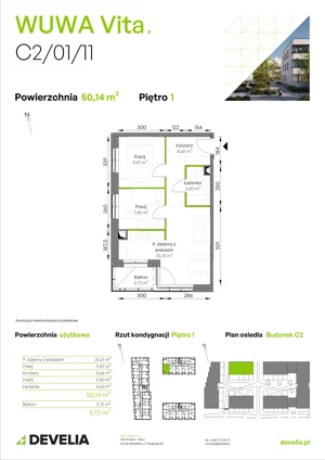 3 pokoje, mieszkanie 50,14 m², piętro 1, oferta nr C2/01/11, WUWA Vita III, Wrocław, Żerniki, Fabryczna, ul. Maya