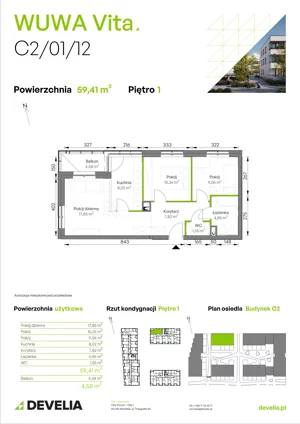 3 pokoje, mieszkanie 59,41 m², piętro 1, oferta nr C2/01/12, WUWA Vita III, Wrocław, Żerniki, Fabryczna, ul. Maya