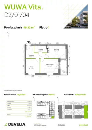 2 pokoje, mieszkanie 49,32 m², piętro 1, oferta nr D2/01/04, WUWA Vita III, Wrocław, Żerniki, Fabryczna, ul. Maya