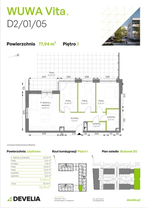 4 pokoje, mieszkanie 77,94 m², piętro 1, oferta nr D2/01/05, WUWA Vita III, Wrocław, Żerniki, Fabryczna, ul. Maya