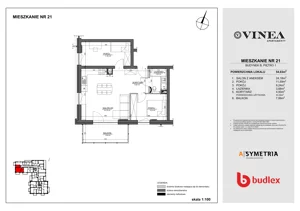 3 pokoje, apartament 53,39 m², piętro 1, oferta nr B21, Apartamenty Vinea, Toruń, Jakubskie Przedmieście, ul. Winnica 25-27
