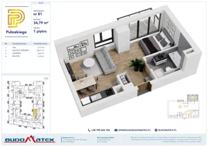 1 pokój, mieszkanie 34,79 m², piętro 1, oferta nr B206, Pułaskiego, Siedlce, ul. Pułaskiego