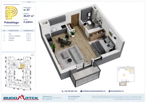1 pokój, mieszkanie 40,47 m², piętro 2, oferta nr A308, Pułaskiego, Siedlce, ul. Pułaskiego