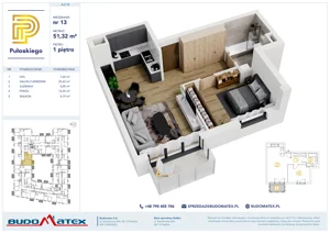 2 pokoje, mieszkanie 51,32 m², piętro 1, oferta nr A210, Pułaskiego, Siedlce, ul. Pułaskiego