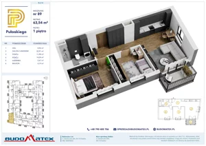 3 pokoje, mieszkanie 63,54 m², piętro 1, oferta nr B214, Pułaskiego, Siedlce, ul. Pułaskiego