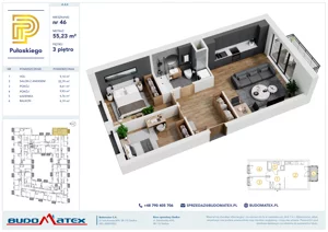 3 pokoje, mieszkanie 55,23 m², piętro 3, oferta nr A404, Pułaskiego, Siedlce, ul. Pułaskiego
