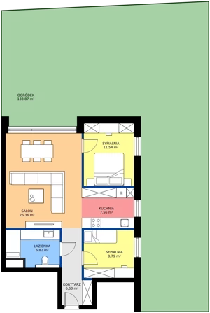3 pokoje, mieszkanie 67,04 m², parter, oferta nr 2C, Biała Dama, Ornontowice, ul. Brzozowa