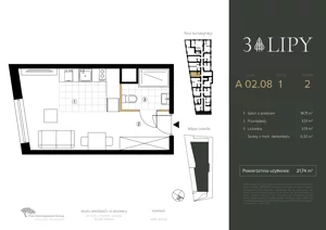 1 pokój, lokal inwestycyjny 21,74 m², piętro 2, oferta nr A.02.08, 3 Lipy, Gdańsk, Piecki-Migowo, Morena, ul. Trzy Lipy 6