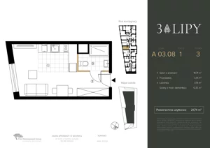 1 pokój, lokal inwestycyjny 21,74 m², piętro 3, oferta nr A.03.08, 3 Lipy, Gdańsk, Piecki-Migowo, Morena, ul. Trzy Lipy 6