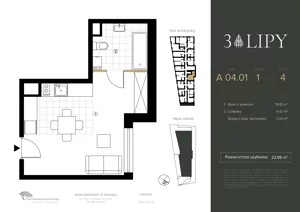 1 pokój, lokal inwestycyjny 23,98 m², piętro 4, oferta nr A.04.01, 3 Lipy, Gdańsk, Piecki-Migowo, Morena, ul. Trzy Lipy 6