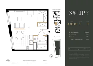 1 pokój, lokal inwestycyjny 32,99 m², piętro 3, oferta nr A.03.07, 3 Lipy, Gdańsk, Piecki-Migowo, Morena, ul. Trzy Lipy 6