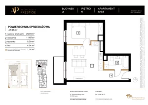 2 pokoje, mieszkanie 42,91 m², piętro 6, oferta nr A 6.9, Apartamenty Prestige, Łódź, Śródmieście, Śródmieście-Wschód, ul. Pomorska 45/47