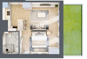 1 pokój, mieszkanie 34,68 m², parter, oferta nr E/1, Apartamenty Park Matecznego, Kraków, Podgórze, Mateczny, ul. Rydlówka 5