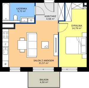 2 pokoje, mieszkanie 46,66 m², piętro 1, oferta nr 59, MISTA Kraków, Kraków, Mistrzejowice, ul. Mistrzejowicka