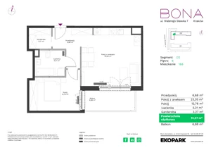 2 pokoje, mieszkanie 51,37 m², piętro 6, oferta nr 168, BONA, Kraków, Podgórze Duchackie, ul. Walerego Sławka 7