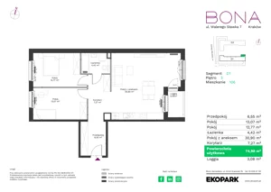 3 pokoje, mieszkanie 74,98 m², piętro 3, oferta nr 106, BONA, Kraków, Podgórze Duchackie, ul. Walerego Sławka 7