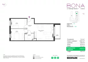 3 pokoje, mieszkanie 57,82 m², piętro 3, oferta nr 109, BONA, Kraków, Podgórze Duchackie, ul. Walerego Sławka 7