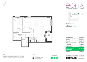 3 pokoje, mieszkanie 62,44 m², piętro 1, oferta nr 225, BONA, Kraków, Podgórze Duchackie, ul. Walerego Sławka 7