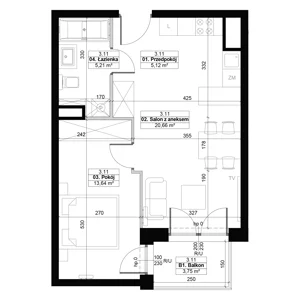 2 pokoje, apartament 44,63 m², piętro 3, oferta nr 3.11, Diasfera III, Łódź, Śródmieście, al. Piłsudskiego 37