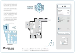 2 pokoje, mieszkanie 56,70 m², piętro 3, oferta nr 28, Piasta Towers Bud. 9, Kraków, Mistrzejowice, os. Bohaterów Września