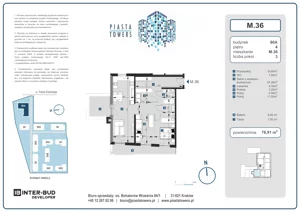 3 pokoje, mieszkanie 76,91 m², piętro 4, oferta nr 36, Piasta Towers Bud. 9, Kraków, Mistrzejowice, os. Bohaterów Września