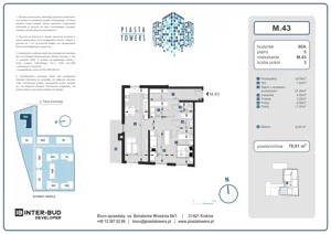 3 pokoje, mieszkanie 76,91 m², piętro 5, oferta nr 43, Piasta Towers Bud. 9, Kraków, Mistrzejowice, os. Bohaterów Września