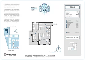 3 pokoje, mieszkanie 81,97 m², piętro 8, oferta nr 66, Piasta Towers Bud. 9, Kraków, Mistrzejowice, os. Bohaterów Września