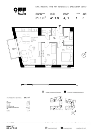 3 pokoje, apartament 61,90 m², piętro 1, oferta nr TORU_A_A1.1.3, OFF Miasto, Gdańsk, Śródmieście, ul. Toruńska