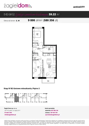 3 pokoje, mieszkanie 59,22 m², piętro 2, oferta nr D-B2-LM-52, ActiveCity etap IV, Lublin, Wrotków, ul. Henryka Wolińskiego