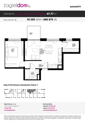 2 pokoje, mieszkanie 47,77 m², piętro 1, oferta nr D-B3-LM-10, ActiveCity etap IV, Lublin, Wrotków, ul. Henryka Wolińskiego