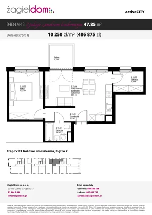 2 pokoje, mieszkanie 47,85 m², piętro 2, oferta nr D-B3-LM-15, ActiveCity etap IV, Lublin, Wrotków, ul. Henryka Wolińskiego