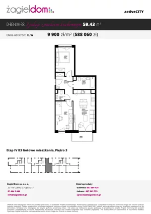 3 pokoje, mieszkanie 59,43 m², piętro 3, oferta nr D-B3-LM-38, ActiveCity etap IV, Lublin, Wrotków, ul. Henryka Wolińskiego