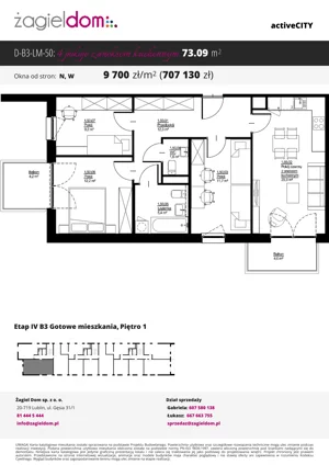 4 pokoje, mieszkanie 73,09 m², piętro 1, oferta nr D-B3-LM-50, ActiveCity etap IV, Lublin, Wrotków, ul. Henryka Wolińskiego