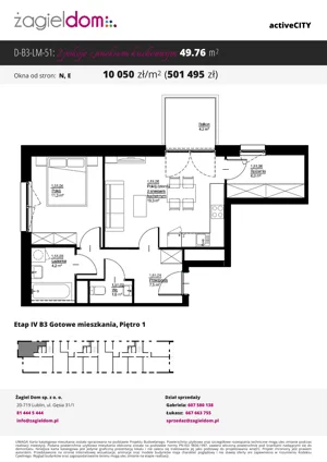 2 pokoje, mieszkanie 49,76 m², piętro 1, oferta nr D-B3-LM-51, ActiveCity etap IV, Lublin, Wrotków, ul. Henryka Wolińskiego