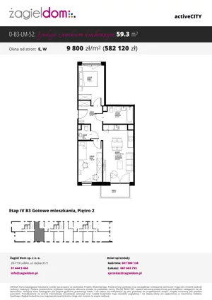 3 pokoje, mieszkanie 59,30 m², piętro 2, oferta nr D-B3-LM-52, ActiveCity etap IV, Lublin, Wrotków, ul. Henryka Wolińskiego