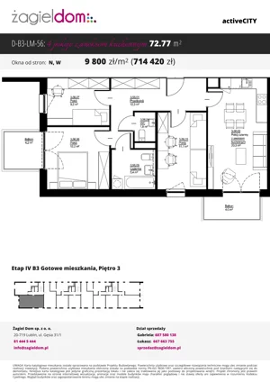 4 pokoje, mieszkanie 72,77 m², piętro 3, oferta nr D-B3-LM-56, ActiveCity etap IV, Lublin, Wrotków, ul. Henryka Wolińskiego