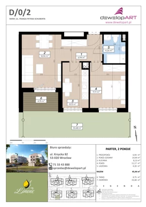 2 pokoje, mieszkanie 45,44 m², parter, oferta nr D/0/2, Limone, Iwiny, ul. F. P. Schuberta