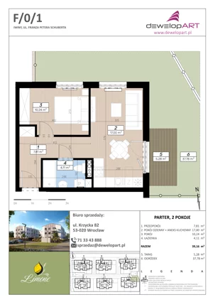 2 pokoje, mieszkanie 39,44 m², piętro 1, oferta nr D/1/4, Limone, Iwiny, ul. F. P. Schuberta