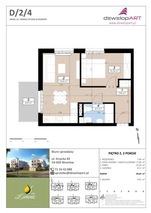 2 pokoje, mieszkanie 39,44 m², piętro 2, oferta nr D/2/4, Limone, Iwiny, ul. F. P. Schuberta