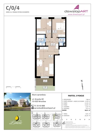 3 pokoje, mieszkanie 58,61 m², piętro 1, oferta nr B/1/4, Limone, Iwiny, ul. F. P. Schuberta