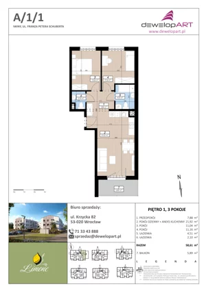 3 pokoje, mieszkanie 58,61 m², piętro 1, oferta nr A/1/1, Limone, Iwiny, ul. F. P. Schuberta