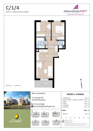 3 pokoje, mieszkanie 58,61 m², piętro 1, oferta nr C/1/4, Limone, Iwiny, ul. F. P. Schuberta