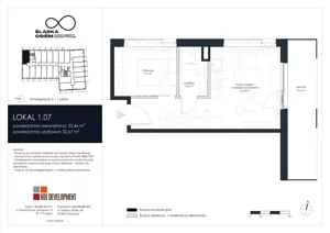 2 pokoje, apartament inwestycyjny 33,46 m², piętro 1, oferta nr 1.07, Śląska Osiem, Gdańsk, Przymorze, ul. Śląska 8
