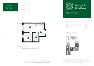 1 pokój, mieszkanie 32,73 m², piętro 5, oferta nr 1.B.5.01, Murapol Gardenia, Łódź, Górna, Górniak, ul. Grabowa