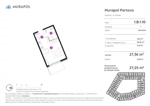 1 pokój, apartament inwestycyjny 27,25 m², piętro 1, oferta nr 1.B.1.10, Murapol Portovo, Gdańsk, Śródmieście, ul. Mostek