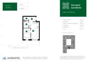 2 pokoje, mieszkanie 35,90 m², piętro 1, oferta nr 1.B.1.12, Murapol Gardenia, Łódź, Górna, Górniak, ul. Grabowa