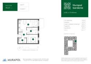 2 pokoje, mieszkanie 46,61 m², piętro 3, oferta nr 1.C.3.09, Murapol Gardenia, Łódź, Górna, Górniak, ul. Grabowa